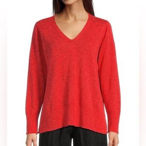 Eileen Fisher Organic Linen Cotton Blend V Neck Long Sleeve Sweater Red Size XL